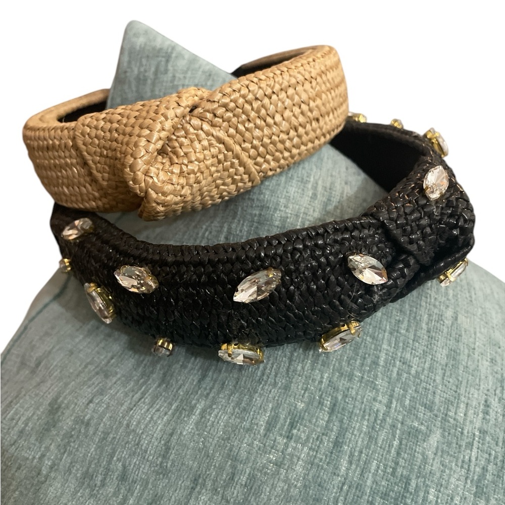2 Anthropologie Straw Raffia Woven Leah Knot headband tan black embellished